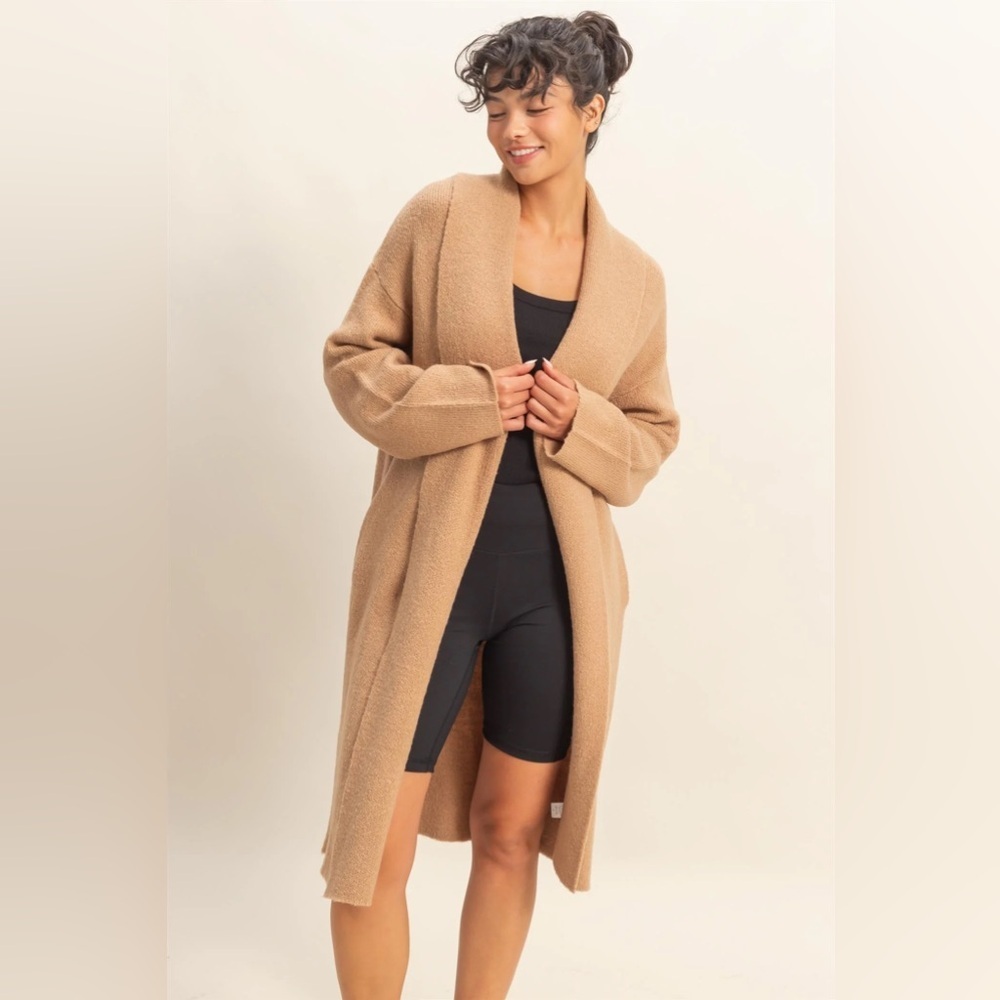 NEW Double Zero Taupe Longline Duster Cardigan Open Front Sweater Size Small
